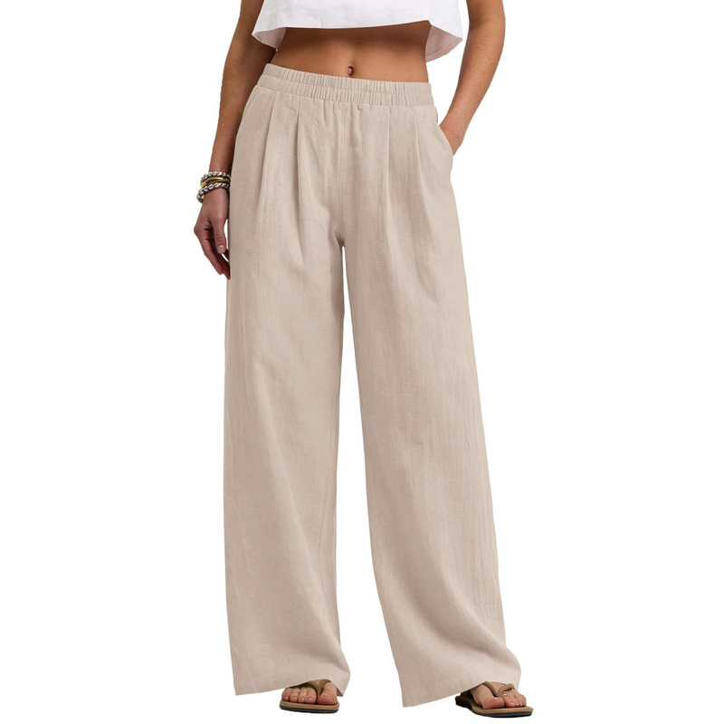 Women's Linen Wide-Leg Pants Beach Vacation Wear Cotton Summer 2026 Flowy Trousers with Pockets