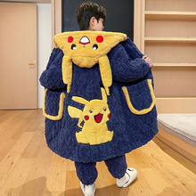 2025新款家居服男童中长款三层夹棉加厚款珊瑚绒儿童冬款男孩睡衣