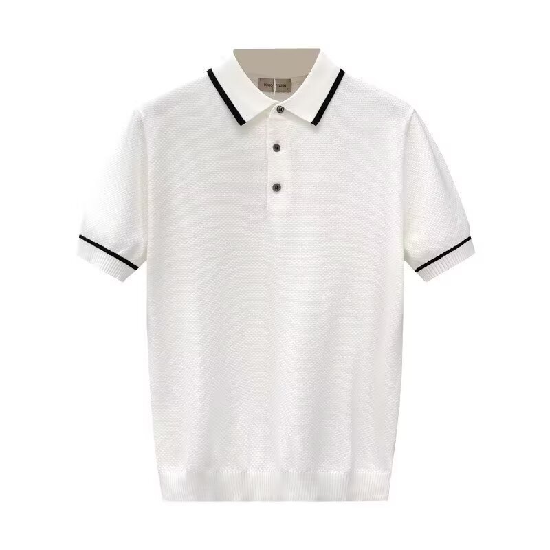 Men's Breathable Knit Polo Shirt With Contrast Collar, Casual Business Short Sleeve Top For Summer, Comfortable Loose Fit T-Shirt_viptrois.com
