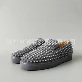 cl andgz灰色牛皮一脚蹬满钉高帮红底鞋男鞋铆钉鞋情侣款休闲板