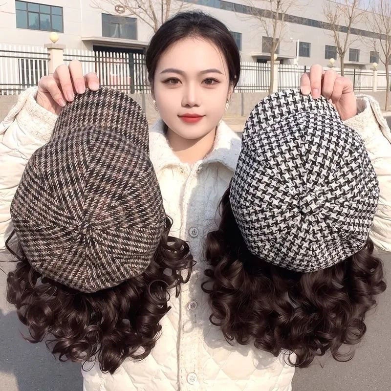 千鸟格八角帽子假发全头套女秋冬时尚百搭短卷发贝雷帽戴假发一体|undefined