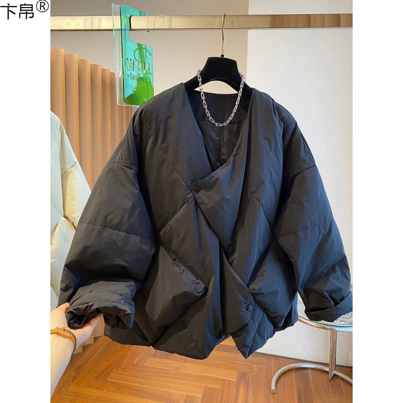 欧货设计感小众宽松休闲A字版V领羽绒服女冬季保暖羽绒服外套