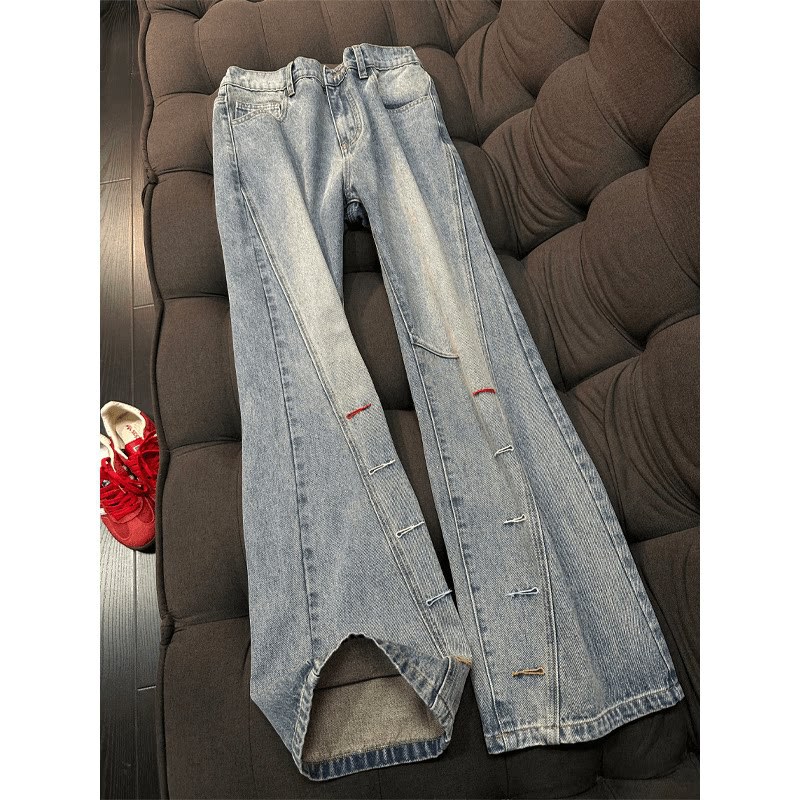 Colorful button-hole slanted cut men's straight loose-fitting American high street jeans, trendy brand, stylish workwear, slightly flared long pants