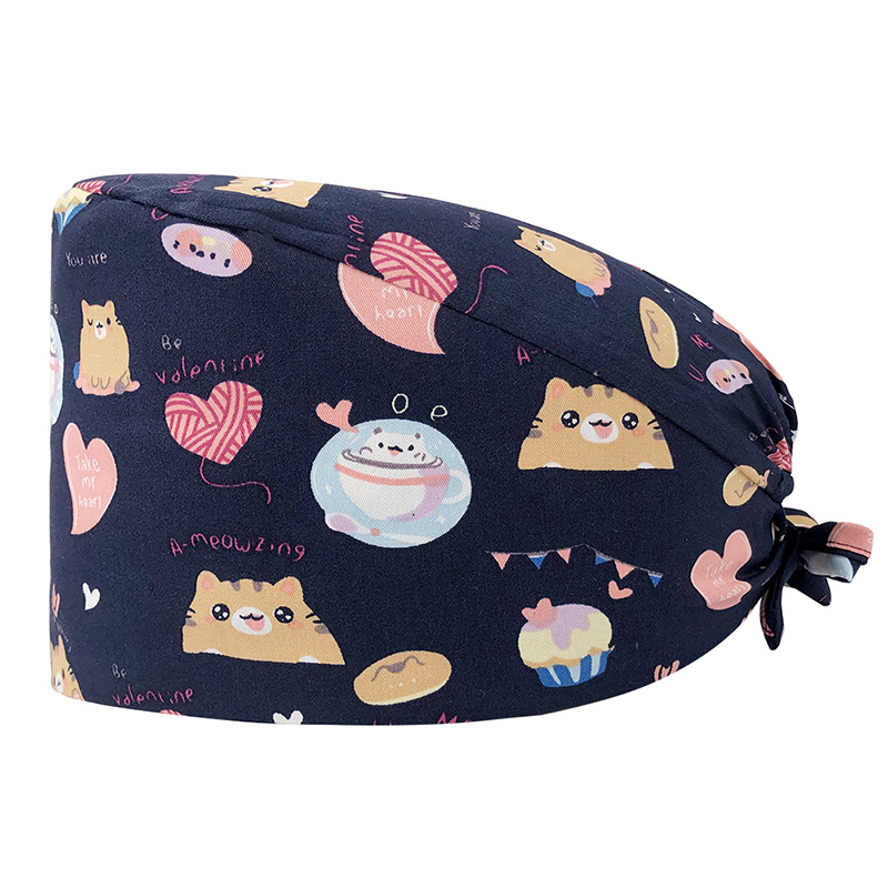 Gorro de Médico de Algodón Puro Estampado para Comercio Exterior, con Correa Ajustable con Botones, Absorbente de Sudor, Gorro de Dibujos Animados para Estudio, Gorro de Enfermera de UCI