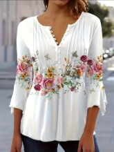 N 55046 Floral Print V Neck Short Sleeve T-Shirt ӡ��V��T��
