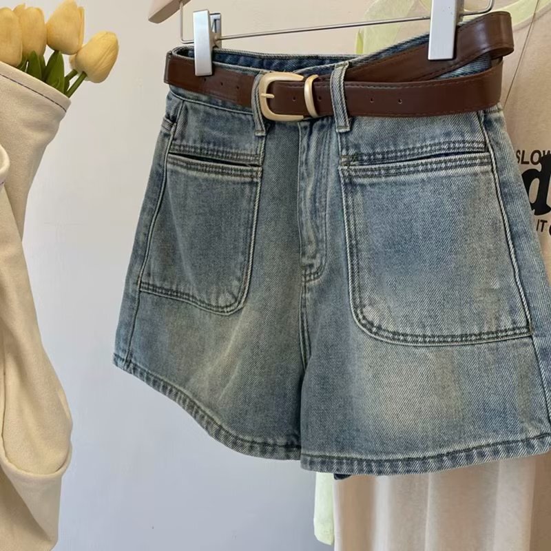 Simple Double Pocket Denim Shorts Women's 2023 Summer New High Waist Slimming Wide Leg Pocket Design A- word Hot Pants