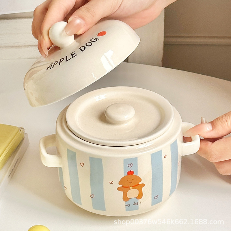Double-Eared Steamed Egg Bowl, Household Japanese-Style Cute Ceramic Bowl, Kidsren's Rice Bowl, Baby Special Food Supplement Bowl, Soup Bowl, Salad Bowl