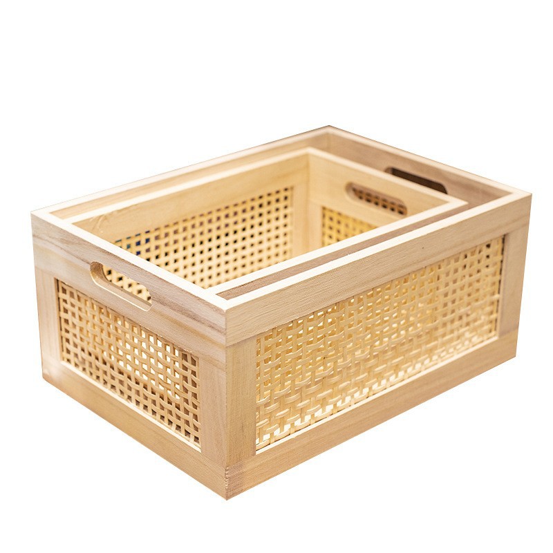 Amazon personalizado caja de almacenamiento de madera maciza japonesa tela de caña cesta de almacenamiento de madera de escritorio negro nuez