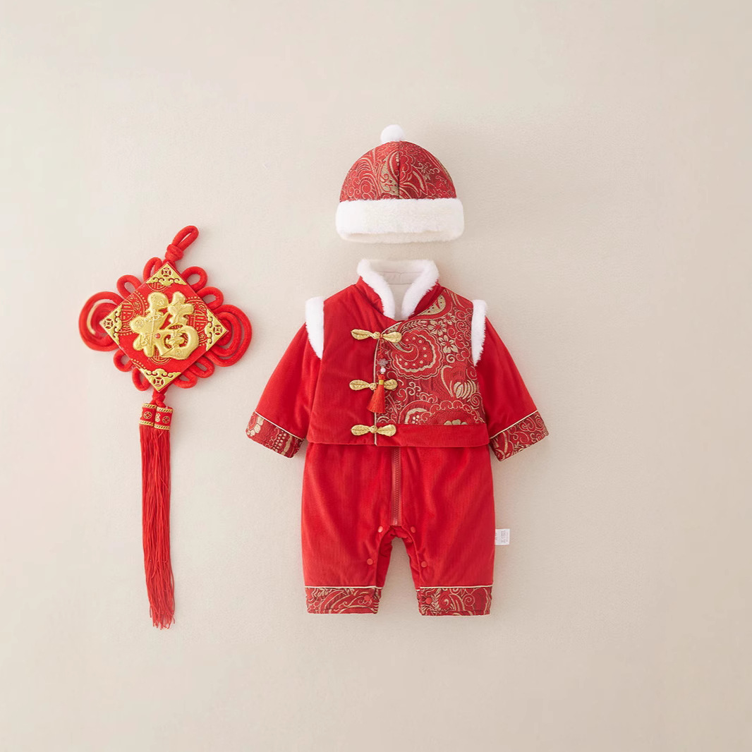 新生婴儿满月宝宝衣服冬装汉服百天百岁宴周岁红色喜庆连体爬服冬