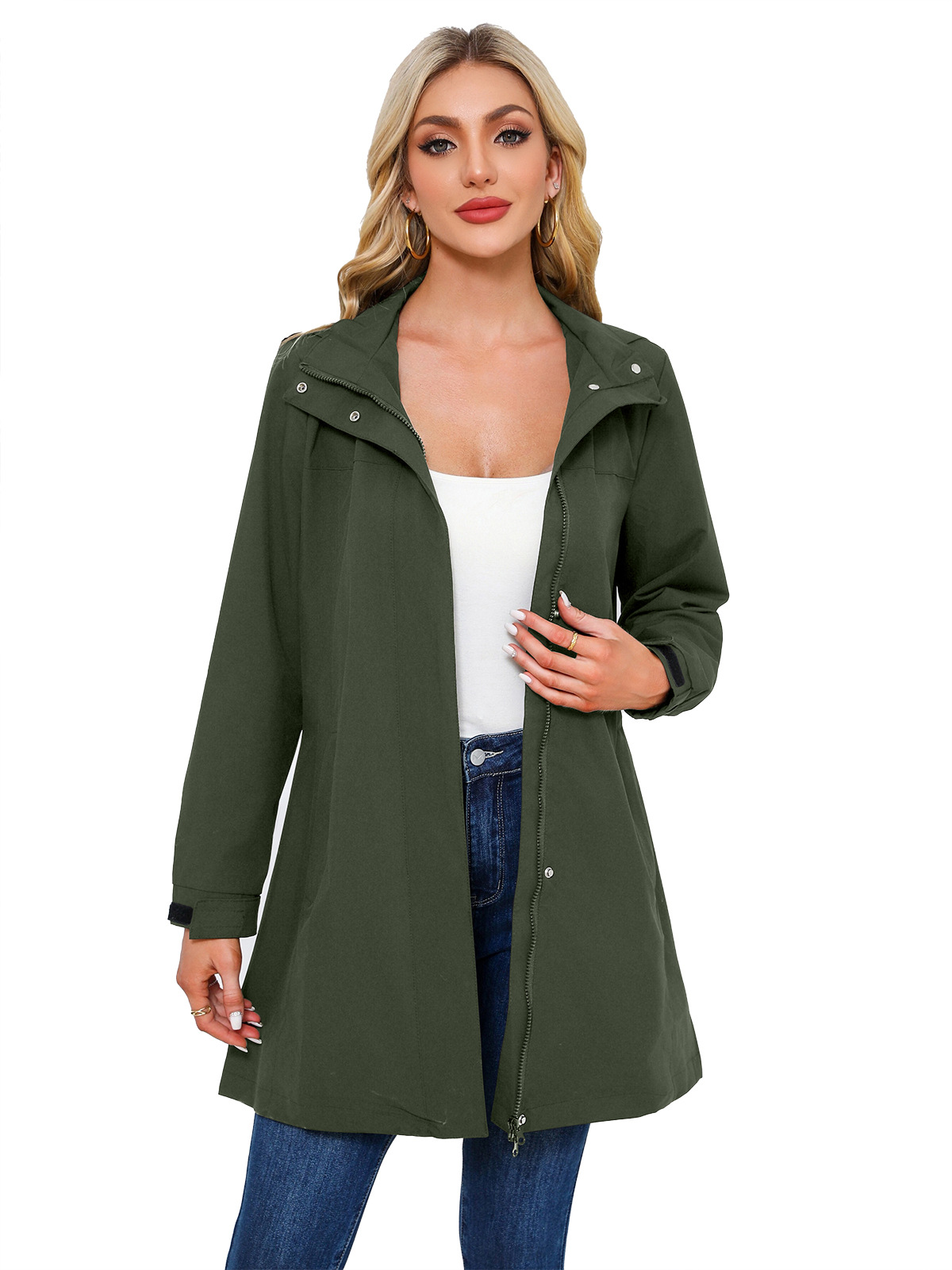 Women's Clothing new spring and autumn detachable hood water repellent windbreaker women's solid color long sleeved thin jacket_voghion.com