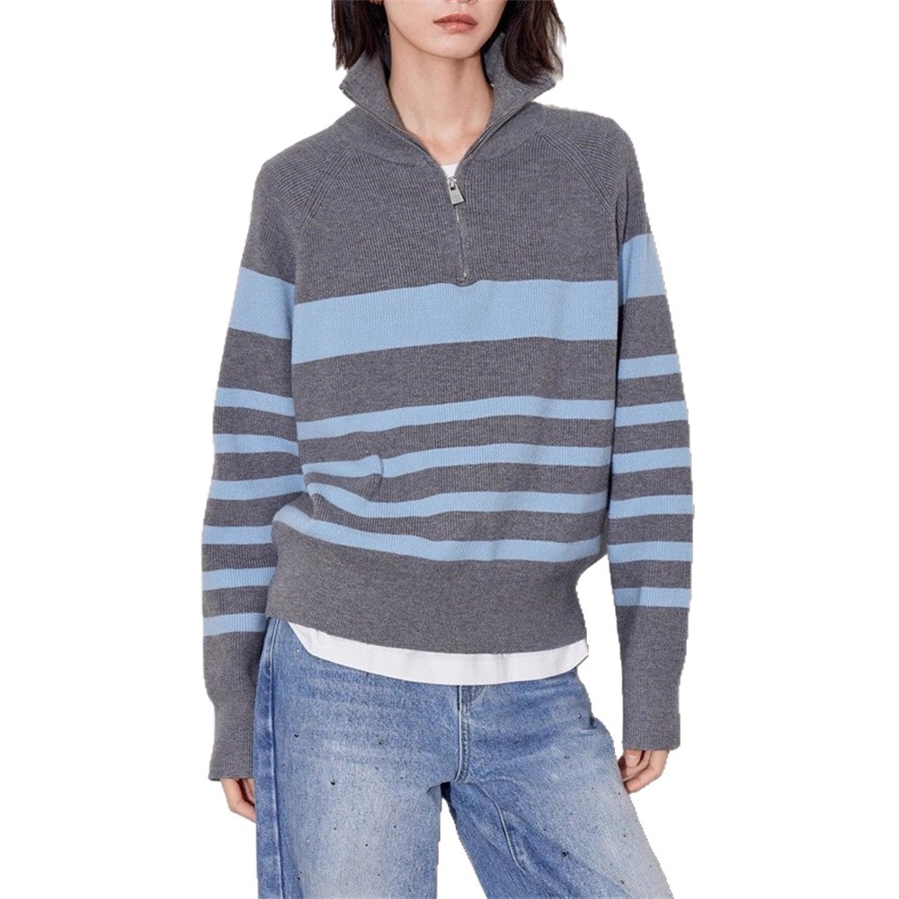 Stripes de contraste semia cremallera con solapa overhead suéter de invierno para mujeres de otoño y invierno para usar ropa de punto de reducción de edad suelta image 6