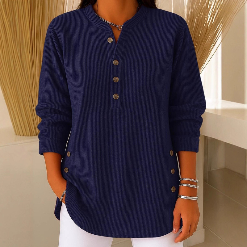 2025 Cross-Border European and American Autumn and Winter New Style Amazon Solid Color Loose Casual V-Neck Button Long-Sleeve Women's Top T-Shirt