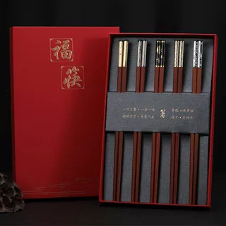 小叶紫檀金红木家用实木高档五色纯铜木筷无漆无蜡防霉筷子礼盒装