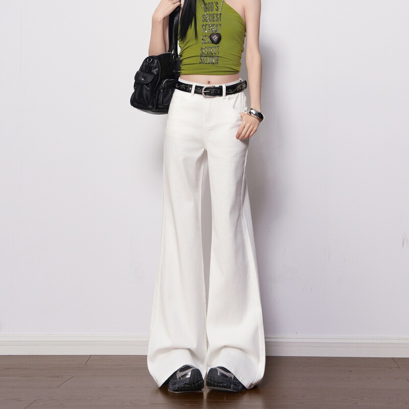 Off-White Washed Mid-Low Waist Flared Jeans for Women, 2026 Spring New Style, Stretchy, Non-Tight-Fitting, Versatile Bell-Bottom Pants