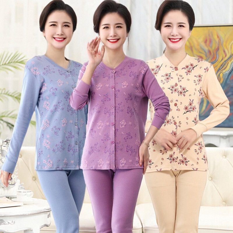 Middle-Aged and Elderly 100% Pure Cotton Autumn Clothes and Long Pants Cardigan Suit Mother's Thin Cotton Sweater Double-Breasted Thermal Intimates