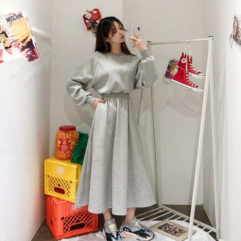 Cross-border Autumn and Winter New Korean-style Long-sleeved Western-style Age-reducing Artistic Slimming Large Swing Waist Long Sweat dress Women