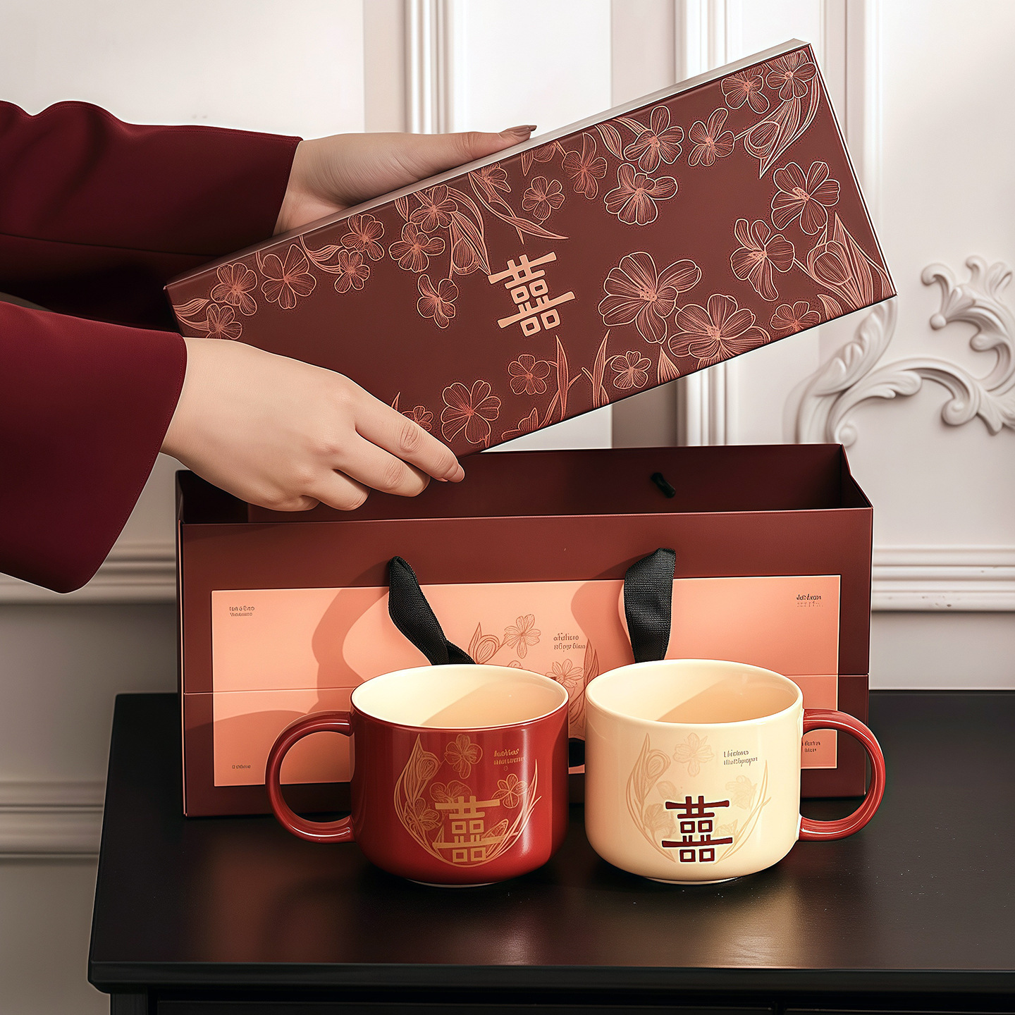 Chinese-Style Newlywed Gift Set: Ceramic Mugs with Double Happiness Character, High Aesthetic Value, Gift Box for Bride and Groom