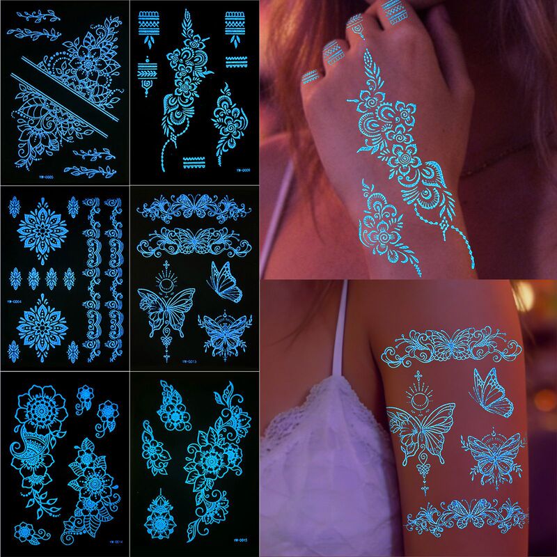 Cross-Border White Lace Luminous Tattoo Stickers for Women, Hollow Floral Butterfly Design, Temporary Waterproof Stickers for Weddings, Parties, and Festivals