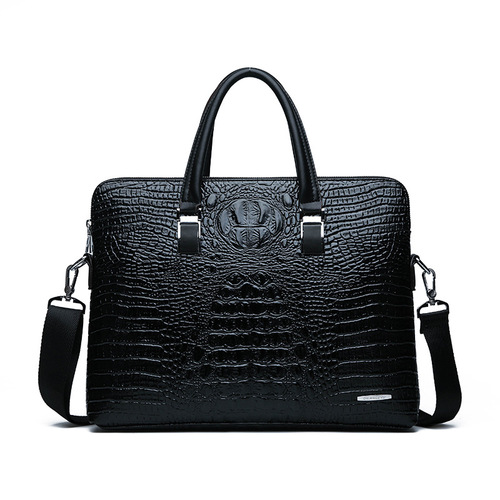 Cross-border men's bag business handbag horizontal crocodile pattern double zipper casual portable briefcase shoulder crossbody bag