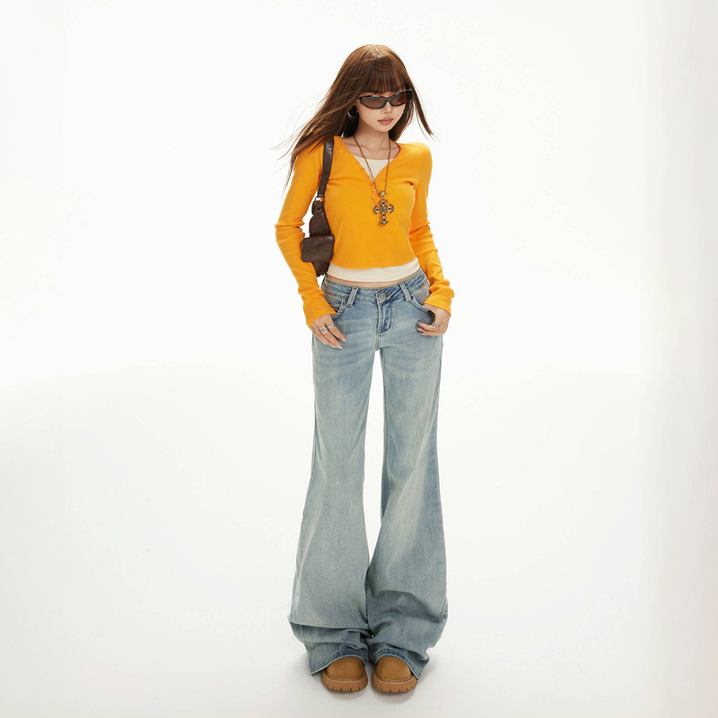 American Street Retro Low-Waist Hot Girl Bell-Bottom Pants Autumn and Winter Micro-Elastic Versatile Ins Slim Slim Jeans for Women