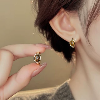 轻奢小众高级感美拉德虎眼石耳扣耳钉女时尚百搭气质港风复古耳环