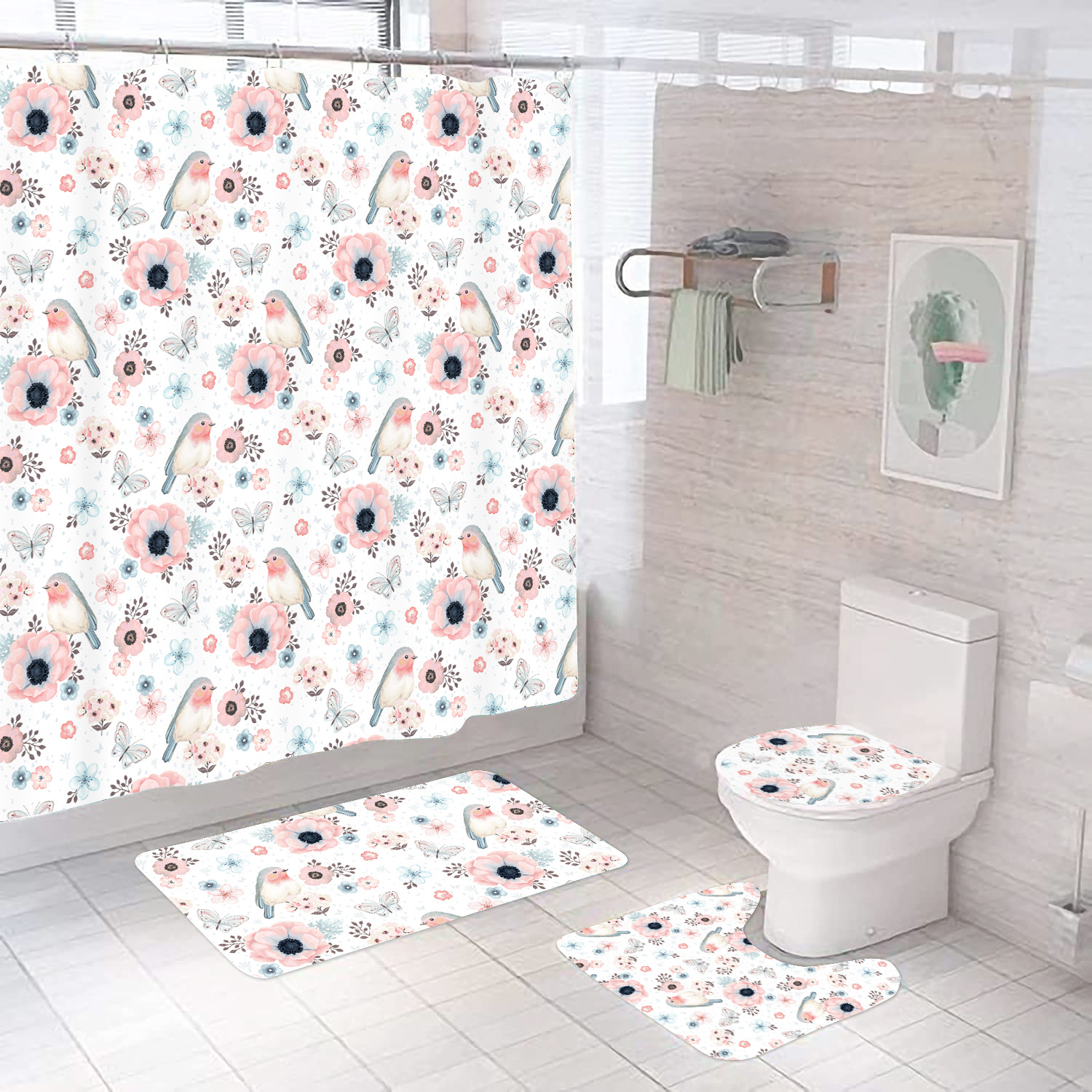 Cuatro piezas PEVA cortina de baño impermeable esterilla de suelo esterilla de inodoro esterilla de inodoro combinación de cuatro piezas para el baño se puede personalizar