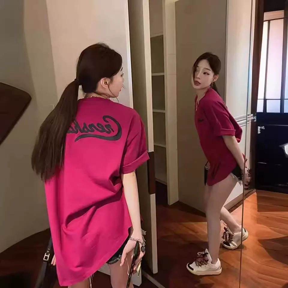 纯棉韩版宽松女装时尚穿搭短袖上衣中长款别致设计感字母t恤女潮