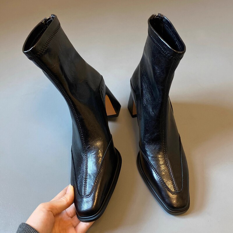 Cowhide Version ~ [Slim Boots That Show Off Your Elegant] Small Square Toe Thick Heel High Heel Elastic Boots, Elegant and Versatile Short Boots