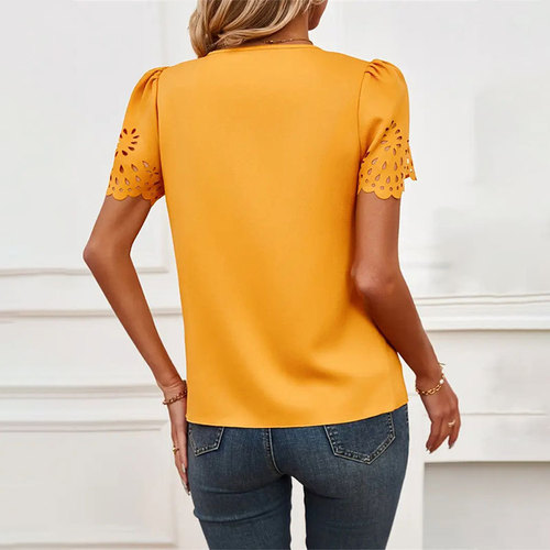 Women's Commute Burnout Lace Short Sleeve Top, V-Neck Pure Color T-Shirt for Spring and Summer