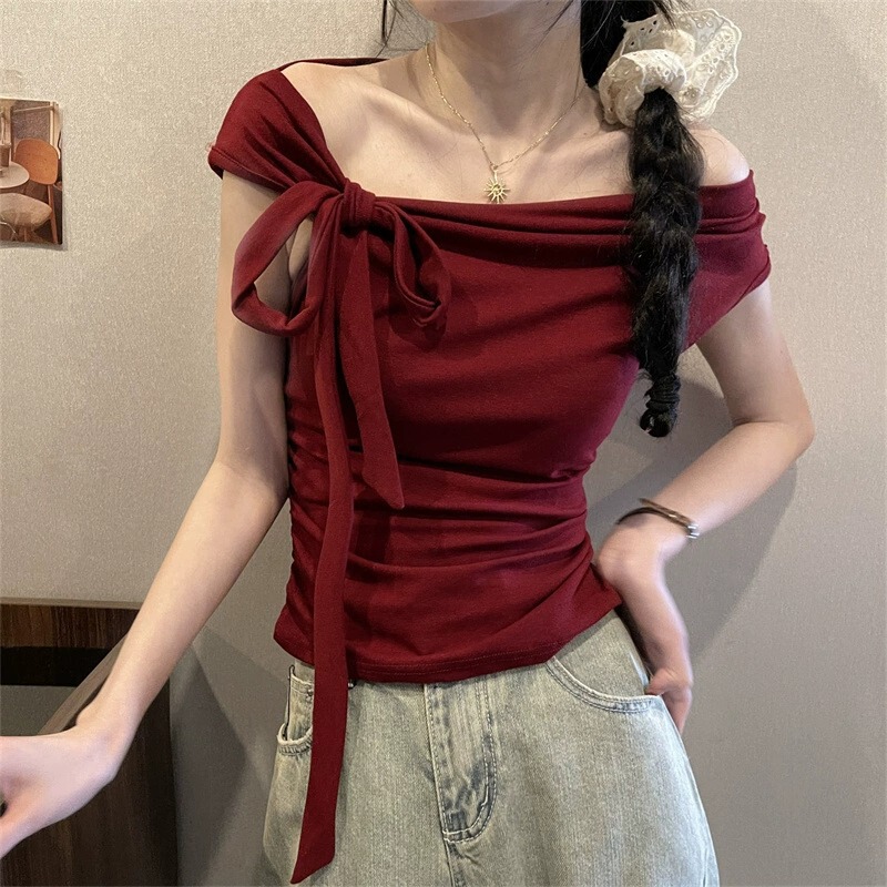 Pure desire for a word shoulder ~ design sense shoulder hanging neck short sleeve T-shirt women's summer new slim slim tube top