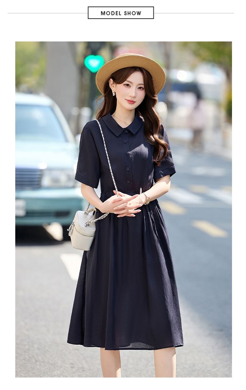Đầm suông nữ midi dây rút eo cổ điển tay ngắn — Xanh lông mòng đen, màu đỏ chi tiết 8