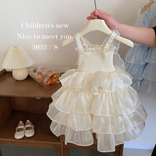 Girls suspender dress 2024 summer style little girl fashionable princess dress baby girl big bow cake dress