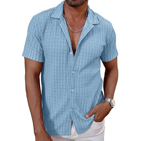 European and American Men's Summer Cool Shirts Men's Casual Knitwear Hollow Breathable Short-Sleeved Lapel Fashion Men's Clothing