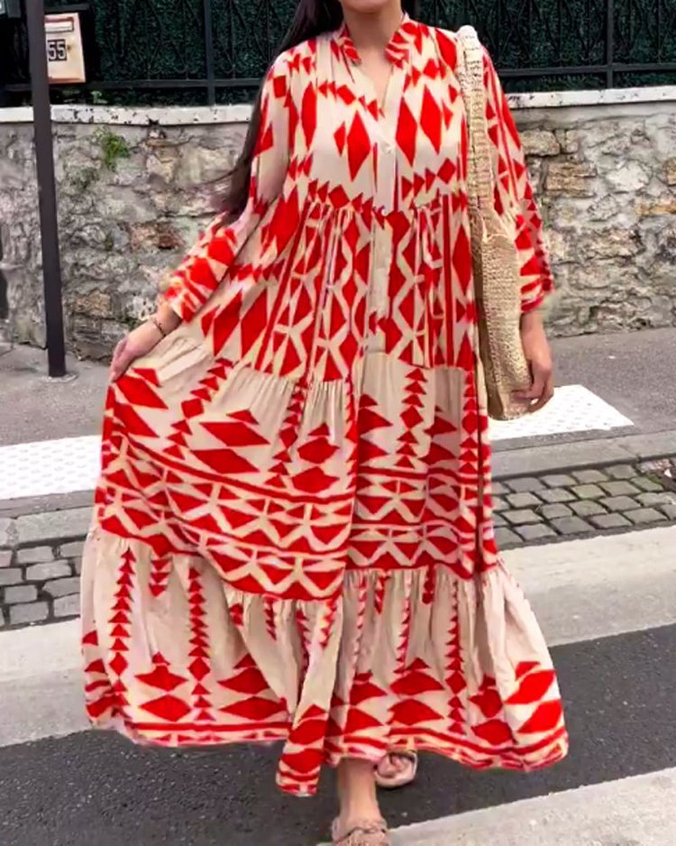 Women's A-line Skirt Bohemian Standing Collar Printing Pleated Long Sleeve Geometric Maxi Long Dress Holiday display picture 1