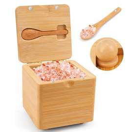 调味料收纳盒竹制带盖勺子调味罐盐罐香料罐调料可旋转盐碗容器盒