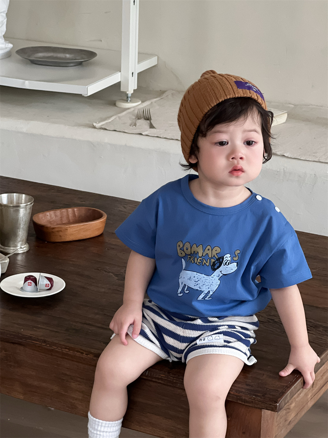男童夏季衣服薄款2026儿童夏装韩版童装宝宝卡通T恤条纹短裤套装