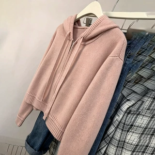 秋冬加厚100%纯羊毛衫连帽拉链针织开衫女长袖设计感针织保暖上衣