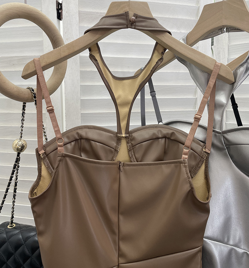 Chest Pad Halter Spaghetti Straps Dress Sexy Slim Fit Ruffle Hip Faux Leather Sexy