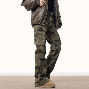 American-style Retro Camouflage Logging Pocket Slim-fit Cargo Pants Men's and Women's cleanfit Hip-hop Straight Slim-fit Micro-pants