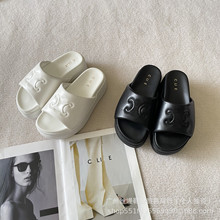 2025新款凯旋门厚底拖鞋时尚增高休闲度假沙滩真皮一字凉拖松糕鞋