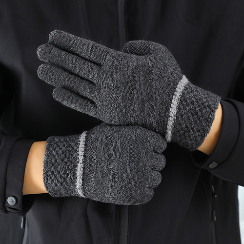 男士冬季条纹全指手套学生时尚保暖露指半指毛线针织手套