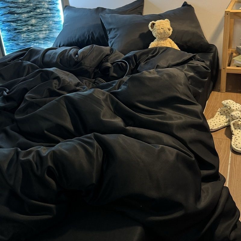 Housse de couette rafraîchissante en soie glacée, broderie rose luxueuse, ensemble de couette quatre pièces en soie lavée fraîche, drap-housse trois pièces pour lit de dortoir, pour femme_voghion.com