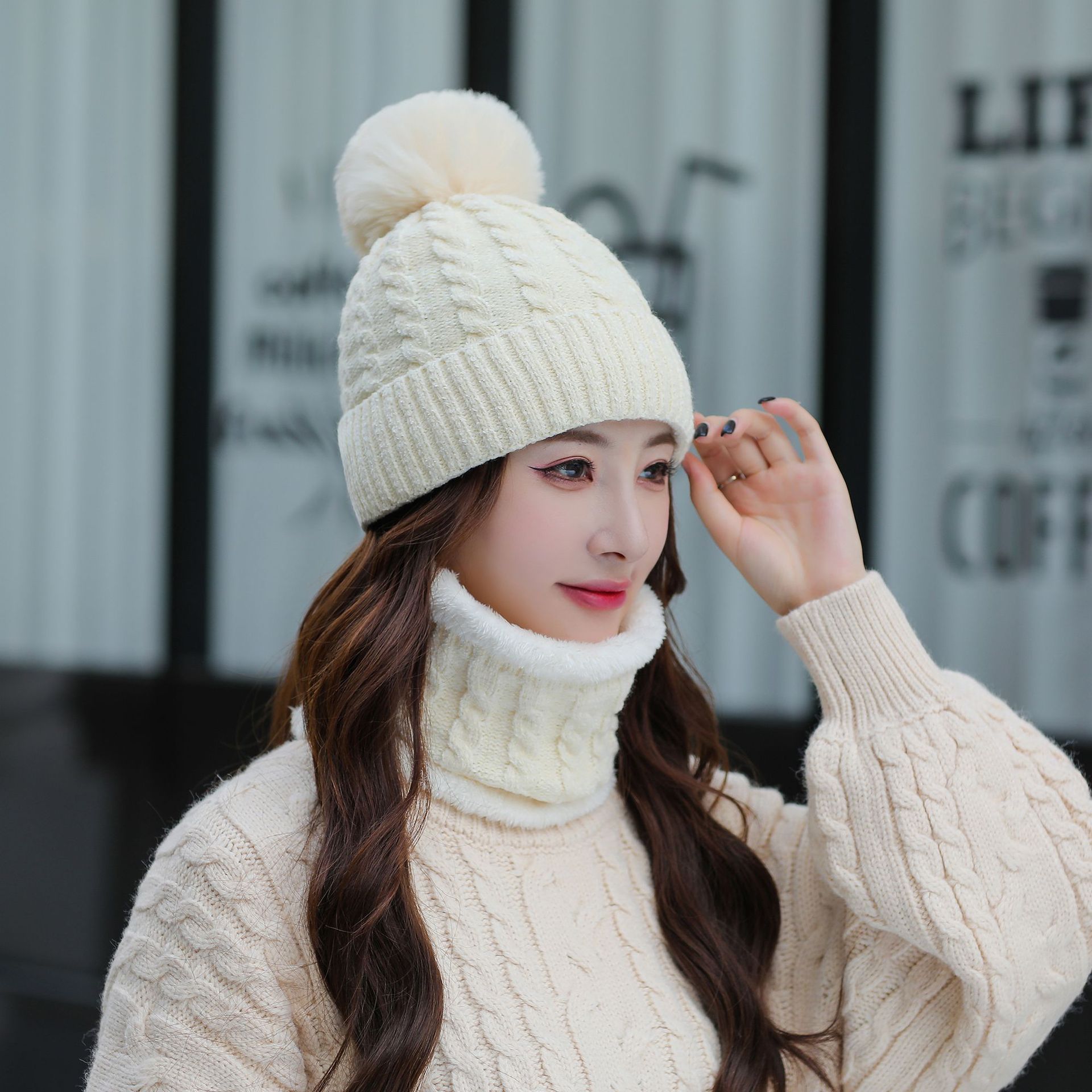 Sombrero bufanda mujer invierno versátil forro polar sombrero de punto bufanda conjunto de dos piezas Otoño e Invierno color sólido sombrero de lana image 4
