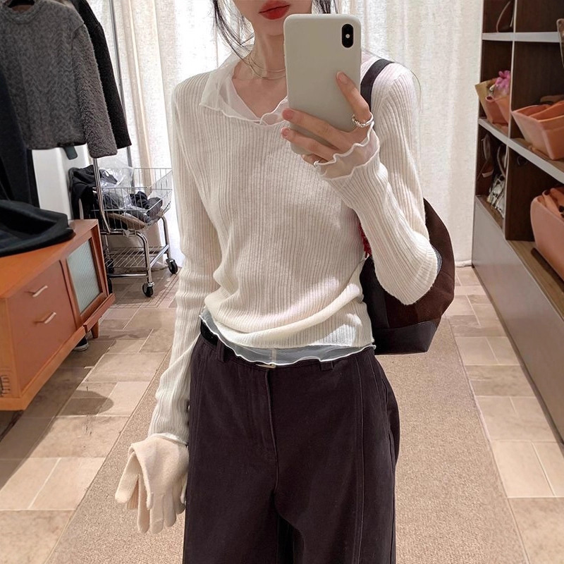 十三行2025秋冬新款韩版网纱拼接V领木耳边显瘦打底针织衫上衣女