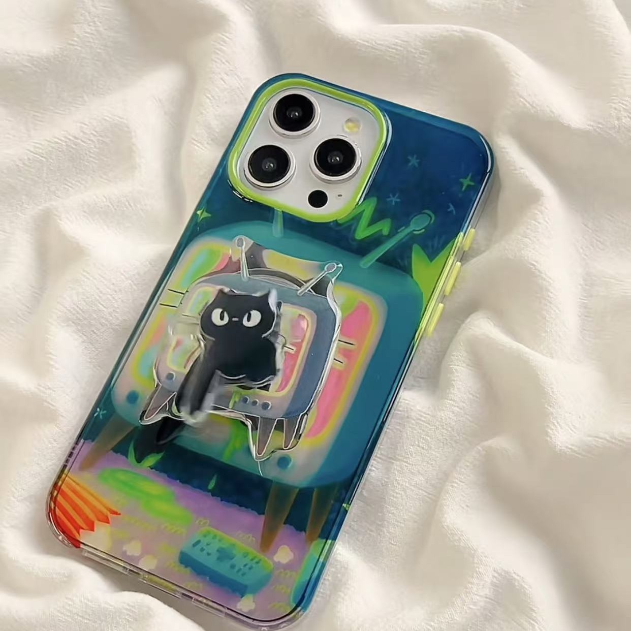 Soporte giratorio para gato de TV para iphone15/16promax funda para teléfono móvil graffiti gato Apple 14p