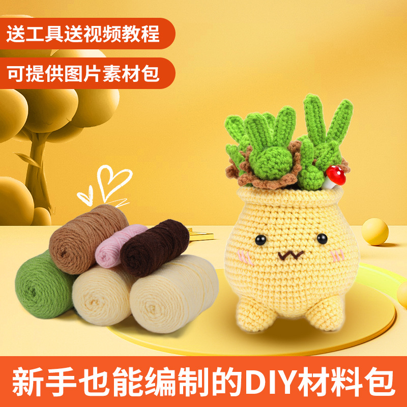 跨境新品钩针材料包碧光环盆栽手工编织毛线团玩偶可爱摆件可代发