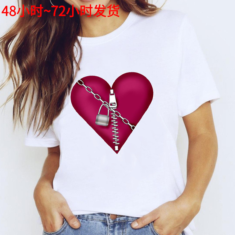 LOCK ZIPPER HEART Print Women T Shirt Short Sleeve O Neck Lo