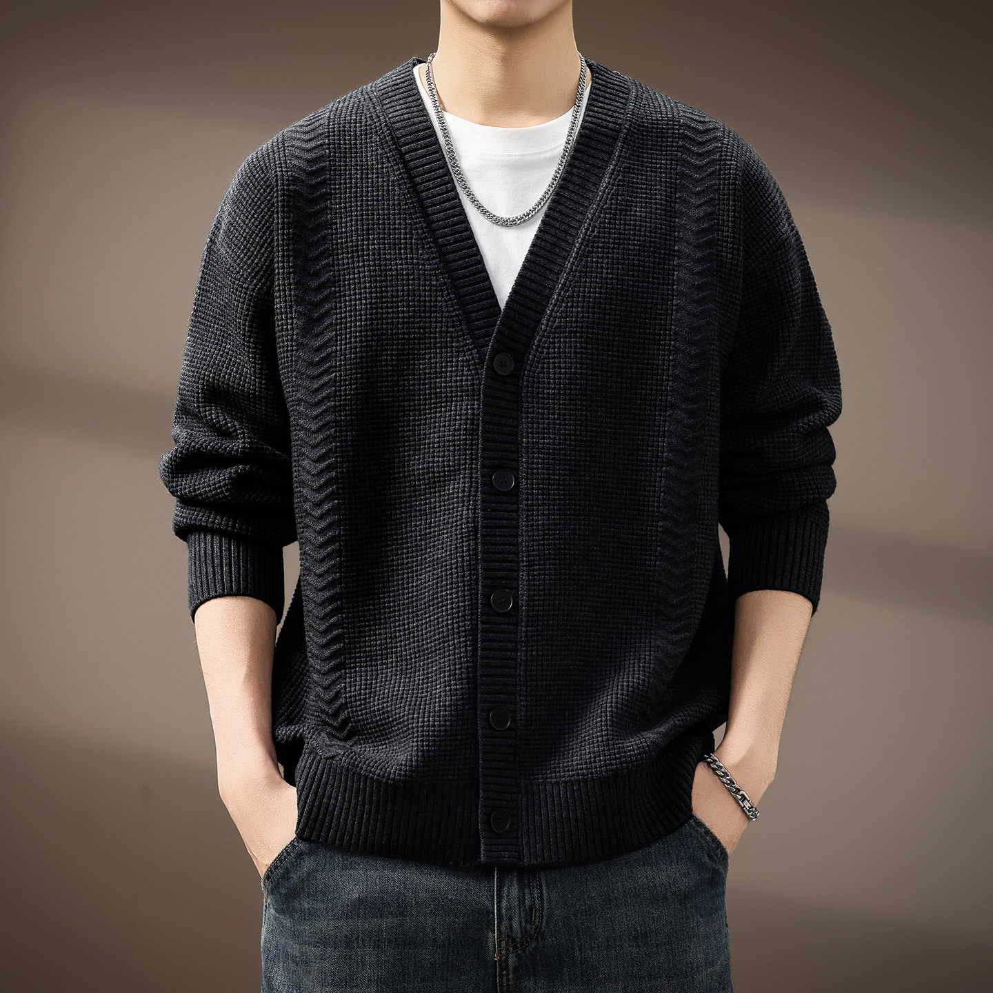 High-End American Retro Heavyweight V Neck Cardigan Knitwear Men's Autumn and Winter Loose Trendy Brand Knitwear Casual Knitwear Jacket