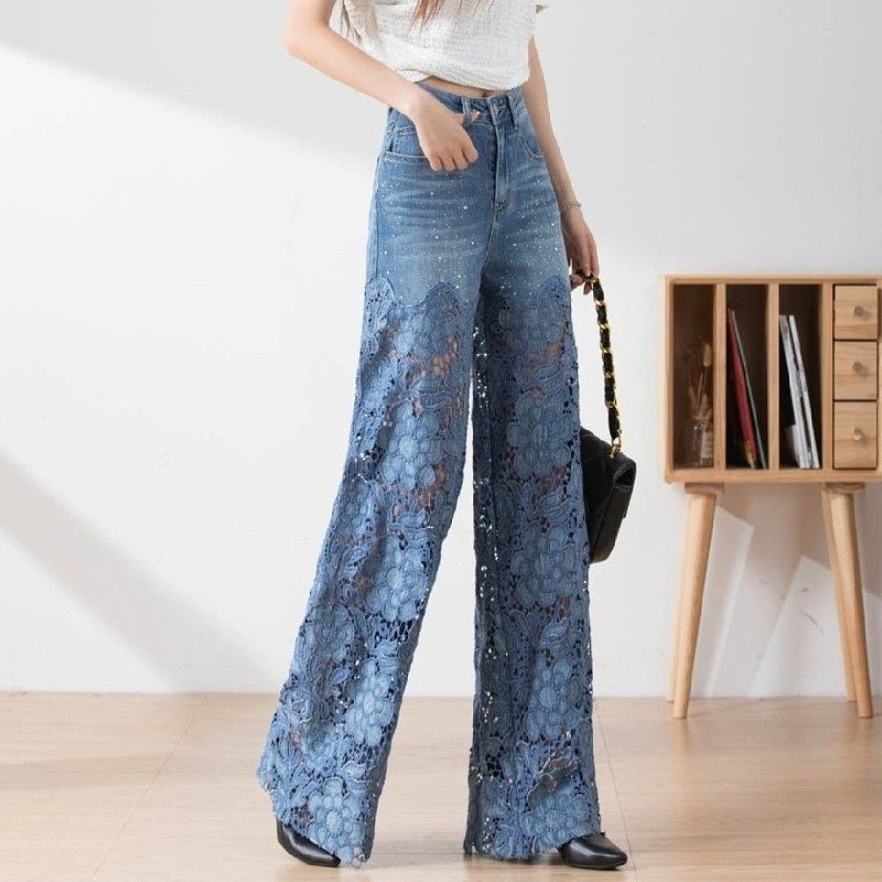 High-Waisted Wide-Leg Pants for Women 2025 Summer New Fashion Elegant Versatile Hollow Lace Splicing Denim Draped Pants High-Waisted Wide-Leg Pants for Women 2025 Summer New Fashion Elegant Versatile Hollow Lace Splicing Denim Draped Pants