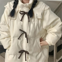 中学生小个子羽绒服女2024年新款冬季蝴蝶结可爱少女白色宽松外套